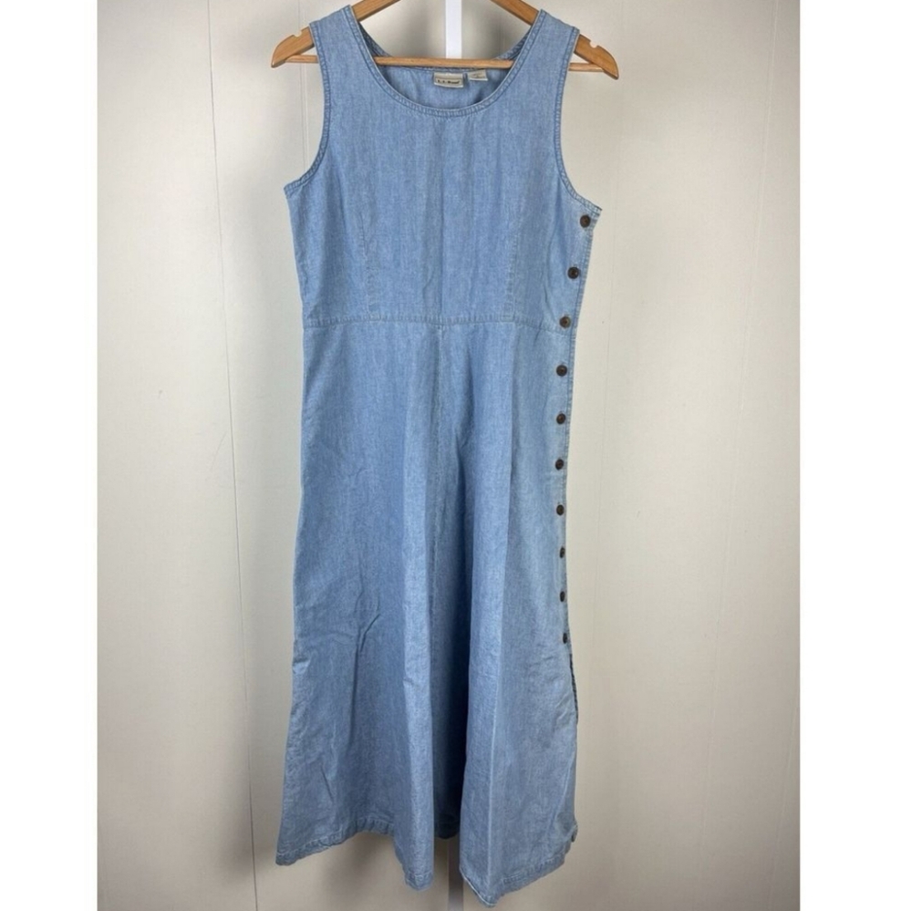 L.L.Bean Sleeveless Chambray Denim Maxi Dress With Side Button SZ 18 Petite Blue
